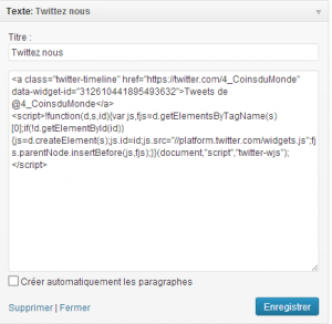 intégrer twitter dans un widget texte wordpress sans installer une extensiosn wordpress