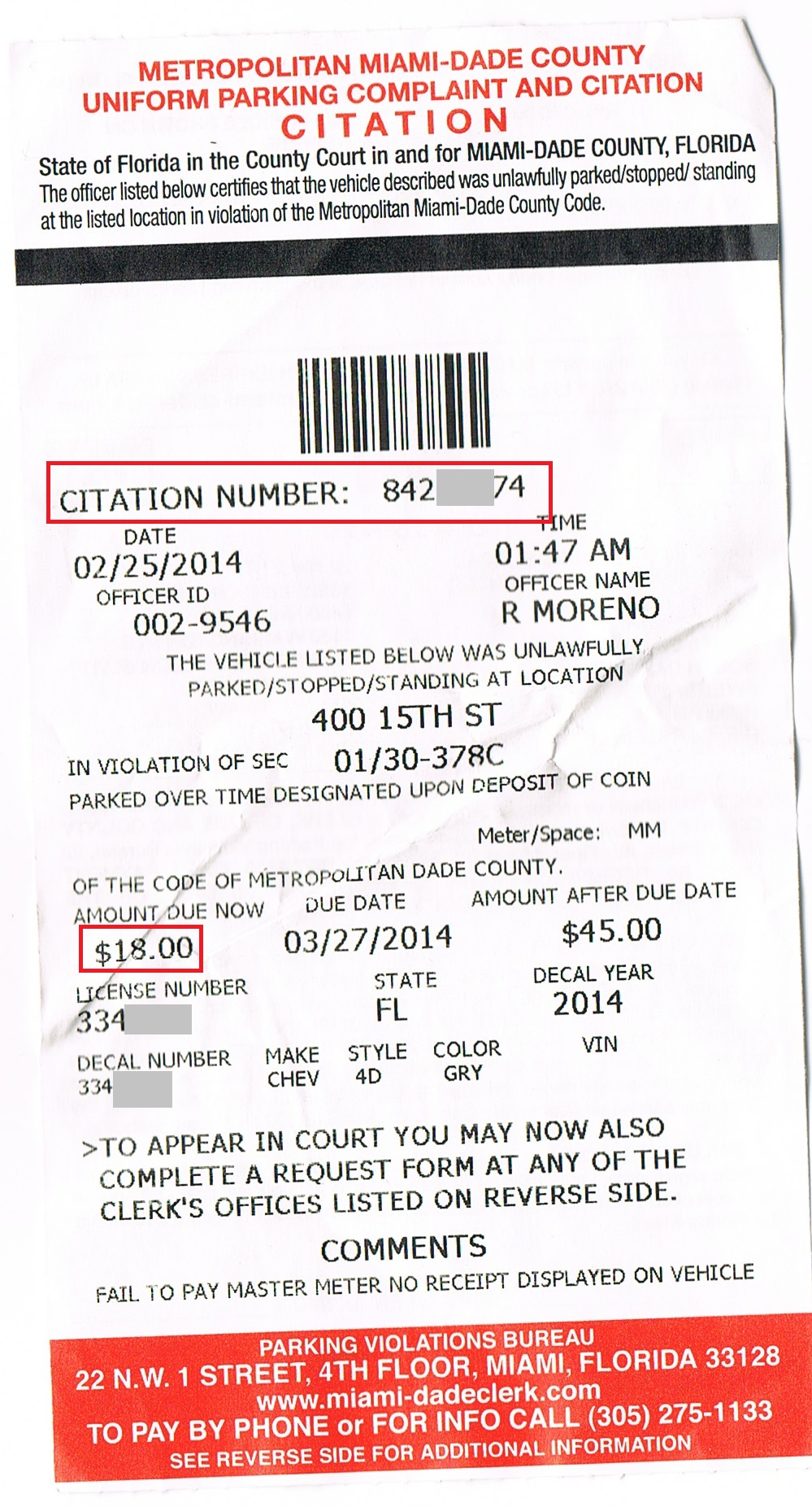 amende de stationnement parking Miami